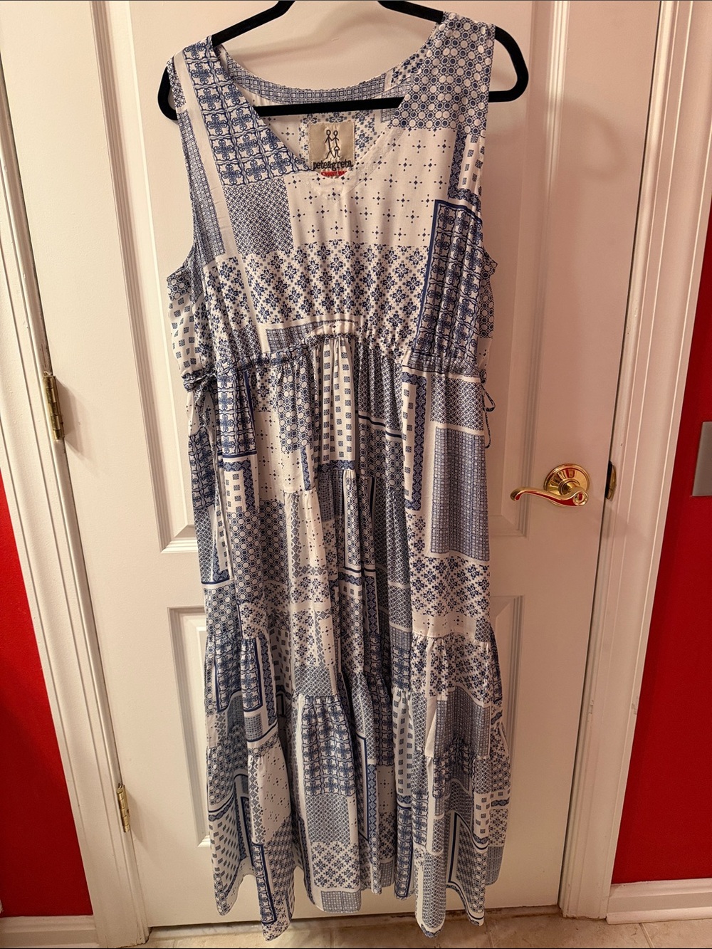 Johnny Was Blue and White Patchwork Tiered Maxi Dress